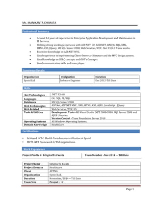 Page 1
Ms. MANIKANTA CHIMATA
Professional Summary
• Around 2.6 years of experience in Enterprise Application Development and Maintenance in
IT Services.
• Holding strong working experience with ASP.NET, C#, ADO.NET, LINQ to SQL, XML,
HTML,CSS, JQuery, MS SQL Server 2008, Web Services, WCF, .Net 3.5/4.0 frame works.
• Extensive knowledge on ASP.NET MVC.
• Good experience in implementing Client-Server architecture and the MVC design pattern.
• Good knowledge on SDLC concepts and OOP’s Concepts.
• Good communication skills and team player.
Experience Details
Organization Designation Duration
Syntel Ltd Software Engineer Dec 2012-Till Date
Skills
.Net Technologies .NET 3.5,4.0
Languages C#, SQL, PL/SQL
Databases MS SQL Server 2008
Web Technologies ASP.Net, ASP.NET MVC , XML, HTML, CSS, AJAX , JavaScript , JQuery
Web Related Web Services, WCF, IIS
Tools & Utilities Development Tools -MS Visual Studio .NET 2008-2010, SQL Server 2008 and
AJAX Libraries.
Version Control –Team Foundation Server 2010
Operating Systems All Windows Operating Systems.
Domain Knowledge HealthCare
Certifications
 Achieved HCE-1 Health Care domain certification at Syntel.
 MCTS .NET Framework 4, Web Applications.
Work Experience
Project Profile #: hDigitalTx Facets Team Member –Nov 2014 —Till Date
Project Name hDigitalTx Facets
Project Domain Healthcare
Client AETNA
Organization Syntel Ltd.
Duration November/2014—Till Date
Team Size Project : 12
 