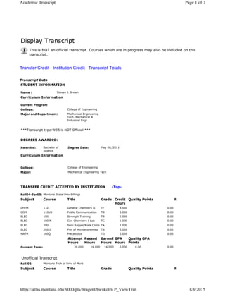 Display Transcript
This is NOT an official transcript. Courses which are in progress may also be included on this
transcript.
Transfer Credit Institution Credit Transcript Totals
Transcript Data
STUDENT INFORMATION
Name : Steven J. Brown
Curriculum Information
Current Program
College: College of Engineering
Major and Department: Mechanical Engineering
Tech, Mechanical &
Industrial Engr
***Transcript type:WEB is NOT Official ***
DEGREES AWARDED:
Awarded: Bachelor of
Science
Degree Date: May 06, 2011
Curriculum Information
College: College of Engineering
Major: Mechanical Engineering Tech
TRANSFER CREDIT ACCEPTED BY INSTITUTION -Top-
Fall04-Spr05: Montana State Univ-Billings
Subject Course Title Grade Credit
Hours
Quality Points R
CHEM 132 General Chemistry II TF 4.000 0.00
COM 110US Public Communication TB 3.000 0.00
ELEC 100 Strength Training TB 2.000 0.00
ELEC 100IN Gen Chemistry I Lab TC 1.000 0.00
ELEC 200 Sem:Rappel/Rock Climb TA 2.000 0.00
ELEC 200IS Prin of Microeconomics TB 3.000 0.00
MATH 160Q Precalculus TD 5.000 0.00
Attempt
Hours
Passed
Hours
Earned
Hours
GPA
Hours
Quality
Points
GPA
Current Term: 20.000 16.000 16.000 0.000 0.00 0.00
Unofficial Transcript
Fall 02: Montana Tech of Univ of Mont
Subject Course Title Grade Quality Points R
Page 1 of 7Academic Transcipt
8/6/2015https://atlas.montana.edu:9000/pls/bzagent/bwskotrn.P_ViewTran
 