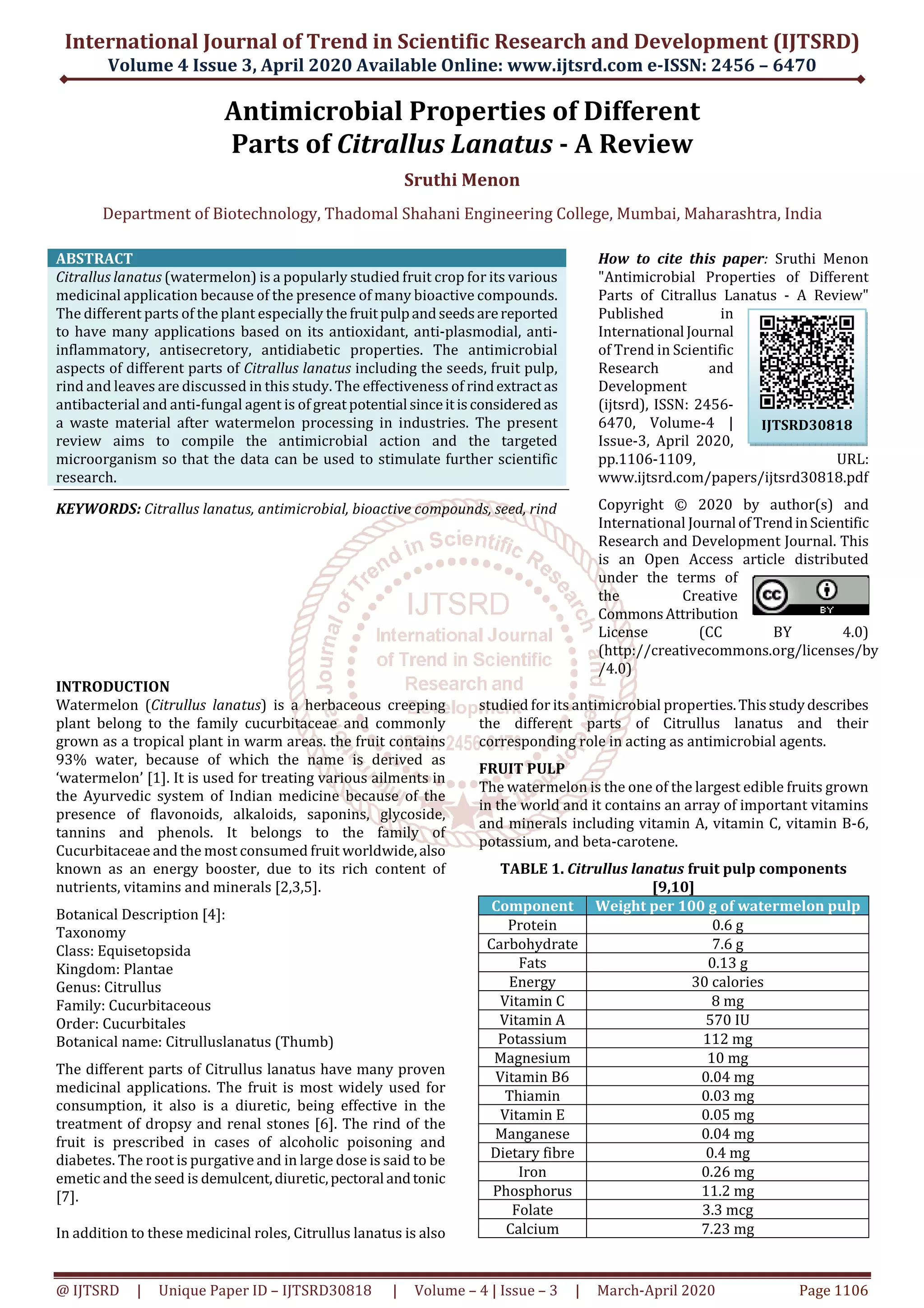 Antimicrobial Properties of Different Parts of Citrallus Lanatus A ...