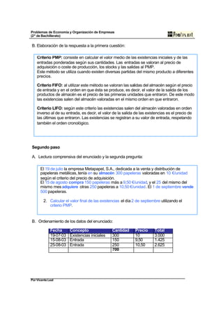 Problemas de Economía y Organización de Empresas
(2º de Bachillerato)


B. Elaboración de la respuesta a la primera cuestión:

    Criterio PMP: consiste en calcular el valor medio de las existencias iniciales y de las
    entradas ponderadas según sus cantidades. Las entradas se valoran al precio de
    adquisición o coste de producción, los stocks y las salidas al PMP.
    Este método se utiliza cuando existen diversas partidas del mismo producto a diferentes
    precios.

    Criterio FIFO: al utilizar este método se valoran las salidas del almacén según el precio
    de entrada y en el orden en que ésta se produce, es decir, el valor de la salida de los
    productos de almacén es el precio de las primeras unidades que entraron. De este modo
    las existencias salen del almacén valoradas en el mismo orden en que entraron.

    Criterio LIFO: según este criterio las existencias salen del almacén valoradas en orden
    inverso al de su entrada, es decir, el valor de la salida de las existencias es el precio de
    las últimas que entraron. Las existencias se registran a su valor de entrada, respetando
    también el orden cronológico.




Segundo paso

A. Lectura comprensiva del enunciado y la segunda pregunta:

      El 19 de julio la empresa Metapapel, S.A., dedicada a la venta y distribución de
      papeleras metálicas, tenía en su almacén 300 papeleras valoradas en 10 €/unidad
      según el criterio del precio de adquisición.
      El 15 de agosto compra 150 papeleras más a 9,50 €/unidad, y el 25 del mismo del
      mismo mes adquiere otras 250 papeleras a 10,50 €/unidad. El 1 de septiembre vende
      500 papeleras.

        2. Calcular el valor final de las existencias el día 2 de septiembre utilizando el
           criterio PMP.


B. Ordenamiento de los datos del enunciado:

             Fecha      Concepto                Cantidad      Precio     Total
             19-07-03   Existencias iniciales   300           10         3.000
             15-08-03   Entrada                 150           9,50       1.425
             25-08-03   Entrada                 250           10,50      2.625
                                                700




Por Vicente Leal
 
