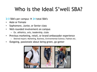 Who is the Ideal S’well SBA?
2-3 SBA’s per campus à 24 total SBA’s
•  Male or Female
•  Sophomore, Junior, or Senior class
•  Well-rounded involvement on campus
–  Ex. athletics, arts, leadership, clubs
•  Previous marketing, retail, or brand ambassador experience
–  Desired majors: Marketing, Business, Environmental Science, Fashion etc.
•  Outgoing, passionate about being green, go-getter
 