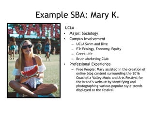 Example SBA: Mary K.
UCLA
•  Major: Sociology
•  Campus Involvement
–  UCLA Swim and Dive
–  E3: Ecology, Economy, Equity
–  Greek Life
–  Bruin Marketing Club
•  Professional Experience
–  Free People: Mary assisted in the creation of
online blog content surrounding the 2016
Coachella Valley Music and Arts Festival for
the brand’s website by identifying and
photographing various popular style trends
displayed at the festival
 