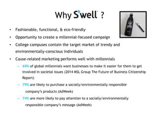 Why ?
•  Fashionable, functional, & eco-friendly
•  Opportunity to create a millennial-focused campaign
•  College campuses contain the target market of trendy and
environmentally-conscious individuals
•  Cause-related marketing performs well with millennials
–  69% of global millennials want businesses to make it easier for them to get
involved in societal issues (2014 MSL Group The Future of Business Citizenship
Report)
–  79% are likely to purchase a socially/environmentally responsible
company’s products (AdWeek)
–  74% are more likely to pay attention to a socially/environmentally
responsible company’s message (AdWeek)
 