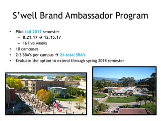 S’well Brand Ambassador Program
•  Pilot fall 2017 semester
–  8.21.17 à 12.15.17
–  16 live weeks
•  10 campuses
•  2-3 SBA’s per campus à 24 total SBA’s
•  Evaluate the option to extend through spring 2018 semester
 