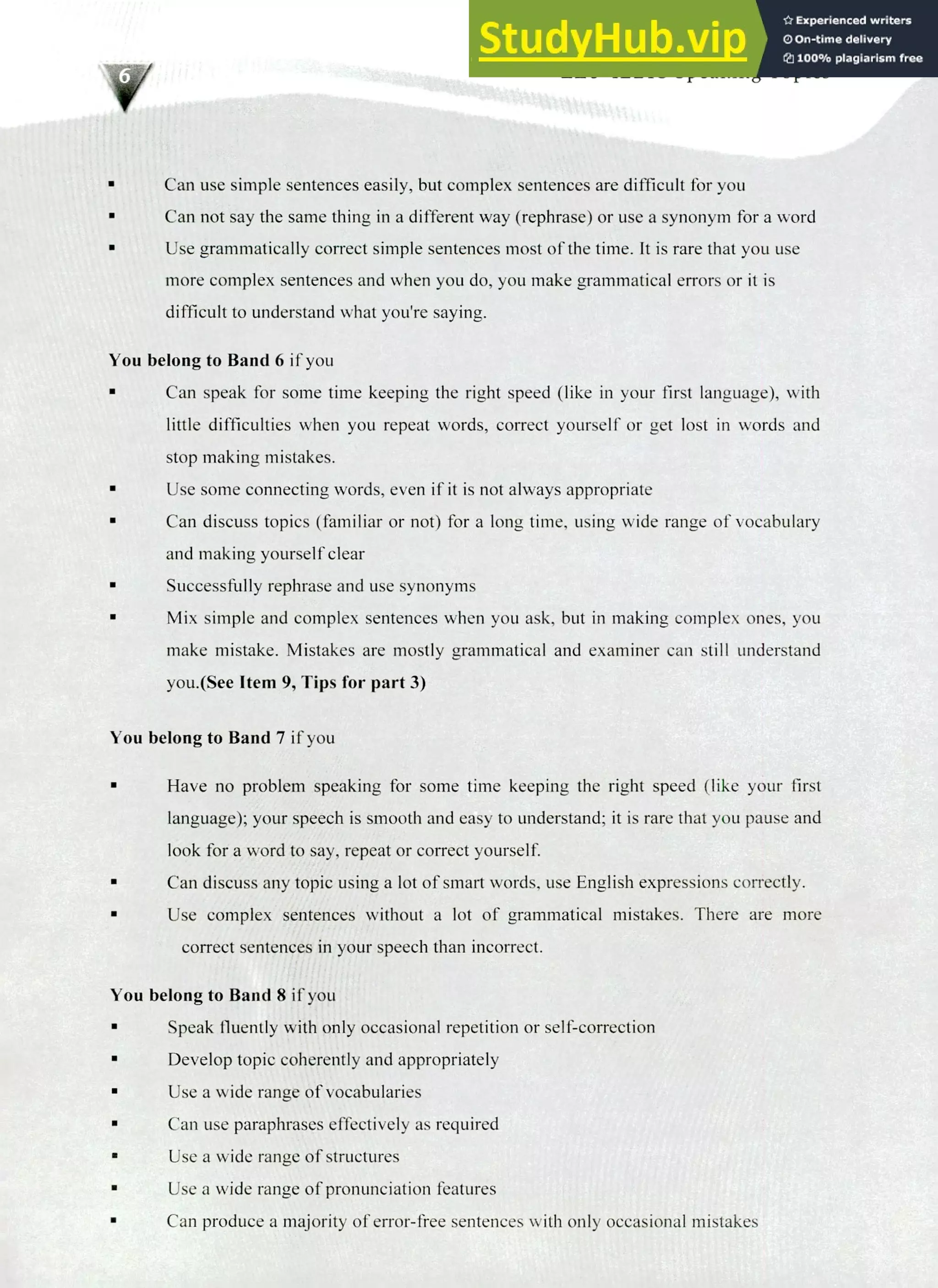 220 IELTS Speaking Topics
Can use simple sentences easily, but complex sentences are difficult for you
Can not say the same thing in a different way (rephrase) or use a synonym for a word
Use grammatically correct simple sentences most of the time. It is rare that you use
more complex sentences and when you do, you make grammatical errors or it is
difficult to understand what you're saying.
You belong to Band 6 if you
Can speak for some time keeping the right speed (like in your first language), with
little difficulties when you repeat words, correct yourself or get lost in words and
stop making mistakes.
Use some connecting words, even if it is not always appropriate
Can discuss topics (familiar or not) for a long time, using wide range of vocabulary
and making yourself clear
Successfully rephrase and use synonyms
Mix simple and complex sentences when you ask, but in making complex ones, you
make mistake. Mistakes are mostly grammatical and examiner can still understand
you.(See Item 9, Tips for part 3)
You belong to Band 7 if you
Have no problem speaking for some time keeping the right speed (like your first
language); your speech is smooth and easy to understand; it is rare that you pause and
look for a word to say, repeat or correct yourself.
Can discuss any topic using a lot of smart words, use English expressions correctly.
Use complex sentences without a lot of grammatical mistakes. There are more
correct sentences in your speech than incorrect.
You belong to Band 8 if you
Speak fluently with only occasional repetition or self-correction
Develop topic coherently and appropriately
Use a wide range of vocabularies
Can use paraphrases effectively as required
Use a wide range of structures
Use a wide range of pronunciation features
Can produce a majority of error-free sentences with only occasional mistakes
 