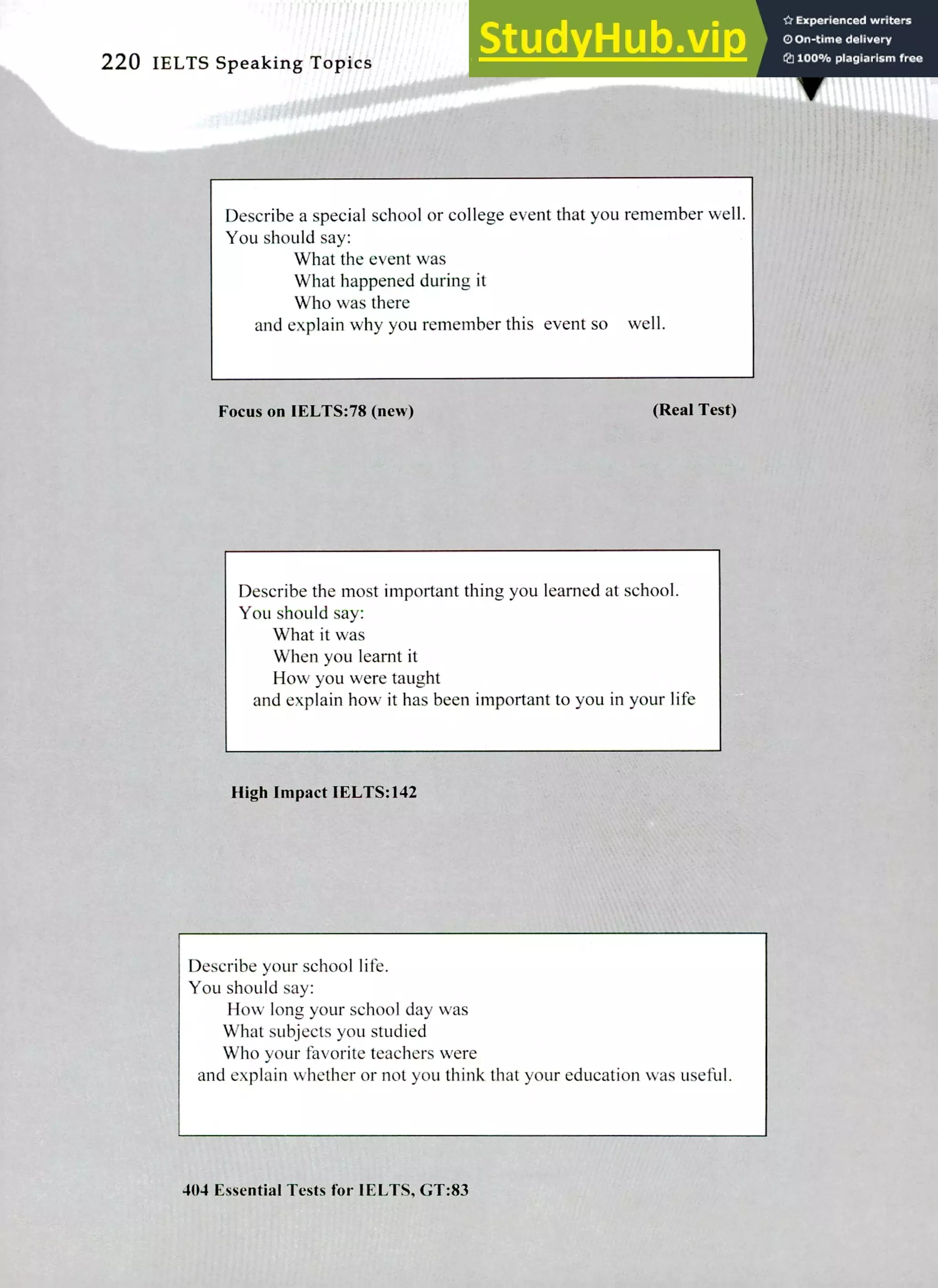 220 IELTS Speaking Topics
Describe a special school or college event that you remember well.
You should say:
What the event was
What happened during it
Who was there
and explain why you remember this event so well.
Focus on IELTS:78 (new) (Real Test)
Describe the most important thing you learned at school.
You should say:
What it was
When you learnt it
How you were taught
and explain how it has been important to you in your life
High Impact IELTS:142
Describe your school life.
You should say:
How long your school day was
What subjects you studied
Who your favorite teachers were
and explain whether or not you think that your education was useful.
404 Essential Tests for IELTS, GT:83
 