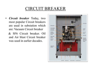 CIRCUIT BREAKER 
• Circuit breaker Today, two 
most popular Circuit breakers 
are used in substation which 
are: Vacuum Ci...