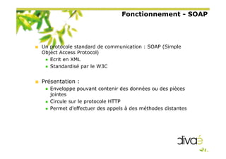 Fonctionnement - SOAP
Un protocole standard de communication : SOAP (Simple
Object Access Protocol)
Ecrit en XML
Standardisé par le W3C
Présentation :
Enveloppe pouvant contenir des données ou des pièces
jointes
Circule sur le protocole HTTP
Permet d'effectuer des appels à des méthodes distantes
 