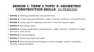 SENIOR 1: TERM 2 TOPIC 5: GEOMETRIC
CONSTRUCTION SKILLS 10 PERIODS
 Activity 1: drawing perpendicular and parallel lines
 Activity 2: constructing perpendiculars, angles, bisectors, mediators, and parallel lines
 Activity 3: using a pair of compasses and ruler to construct special angles
 Activity 4: describing a locus
 Activity 5: relating parallel lines, perpendiculars, angles, bisectors, mediators, straight
lines and a circle as loci
 Activity 6: drawing polygons
 Activity 7: measuring length and angles
 Activity 8: constructing geometrical figures such as triangles, squares, rectangles,
rhombus and parallelogram
 