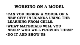 WORKING ON A MODEL
•CAN YOU DESIGN A MODEL OF A
NEW CITY IN UGANDA USING THE
LEARNING FROM CELLS.
•WHAT MATERIALS WILL YOU
NEED? WHO WILL PROVIDE THEM?
•DO IT AND SHOW US
 