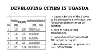 DEVELOPING CITIES IN UGANDA
In Uganda; for any of the 5 town
to be elevated to a city status, the
following conditions must be
satisfied.
a. Area of not less than
10,000sq.km.
b. Population density of at least
100 people per sq.km.
c. Annual revenue per person of at
least 500,000 UGX.
 