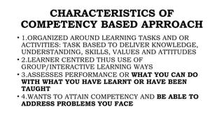 CHARACTERISTICS OF
COMPETENCY BASED APRROACH
• 1.ORGANIZED AROUND LEARNING TASKS AND OR
ACTIVITIES: TASK BASED TO DELIVER KNOWLEDGE,
UNDERSTANDING, SKILLS, VALUES AND ATTITUDES
• 2.LEARNER CENTRED THUS USE OF
GROUP/INTERACTIVE LEARNING WAYS
• 3.ASSESSES PERFORMANCE OR WHAT YOU CAN DO
WITH WHAT YOU HAVE LEARNT OR HAVE BEEN
TAUGHT
• 4.WANTS TO ATTAIN COMPETENCY AND BE ABLE TO
ADDRESS PROBLEMS YOU FACE
 