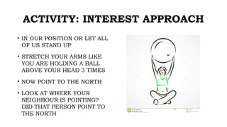 ACTIVITY: INTEREST APPROACH
• IN OUR POSITION OR LET ALL
OF US STAND UP
• STRETCH YOUR ARMS LIKE
YOU ARE HOLDING A BALL
ABOVE YOUR HEAD 3 TIMES
• NOW POINT TO THE NORTH
• LOOK AT WHERE YOUR
NEIGHBOUR IS POINTING?
DID THAT PERSON POINT TO
THE NORTH
 