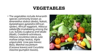 VEGETABLES
• The vegetables include Amaranth
species commonly known as
Amaranthus dubius (dodo), Nakati,
Gynandropsis gynandra (African
spider), African eggplant, Hibiscus
sabdariffa (malakwang among the
Luo, kulubu (Lugbara) and lakabi
(Madi), Crotalaria ochroleuca,
Hibiscus esculentus (okra), Jute
mallow (otigo lwoka), Vigna
unguiculata (cow pea leaves:
Boo), Manihot esculentum
(Cassava leaves) and Cucurbita
maxima (pumpkin leaves).
 