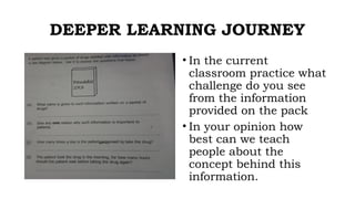 DEEPER LEARNING JOURNEY
• In the current
classroom practice what
challenge do you see
from the information
provided on the pack
• In your opinion how
best can we teach
people about the
concept behind this
information.
 