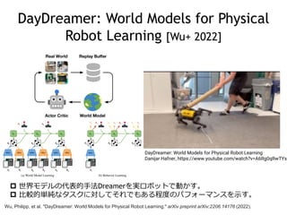 DayDreamer: World Models for Physical
Robot Learning [Wu+ 2022]
DayDreamer: World Models for Physical Robot Learning
Danijar Hafner, https://www.youtube.com/watch?v=A6Rg0qRwTYs
Wu, Philipp, et al. "DayDreamer: World Models for Physical Robot Learning." arXiv preprint arXiv:2206.14176 (2022).
 世界モデルの代表的手法Dreamerを実ロボットで動かす。
 比較的単純なタスクに対してそれでもある程度のパフォーマンスを示す。
 