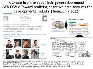 A whole brain probabilistic generative model
(WB-PGM): Toward realizing cognitive architectures for
developmental robots [Taniguchi+ 2022]
Tadahiro Taniguchi, Hiroshi Yamakawa, Takayuki Nagai, Kenji Doya, Masamichi Sakagami, Masahiro
Suzuki, Tomoaki Nakamura, Akira Taniguchi, A whole brain probabilistic generative model: Toward
realizing cognitive architectures for developmental robots, Neural Networks, 2022
 