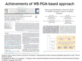 Achievements of WB-PGM-based approach
Taniguchi, Akira, Ayako Fukawa, and Hiroshi Yamakawa. "Hippocampal formation-inspired probabilistic generative model." Neural
Networks (2022).
A. Taniguchi, M. Muro, H. Yamakawa, T. Taniguchi, Brain-inspired Probabilistic Generative Model for Double Articulation Analysis
of Spoken Language, ICDL 2022
 