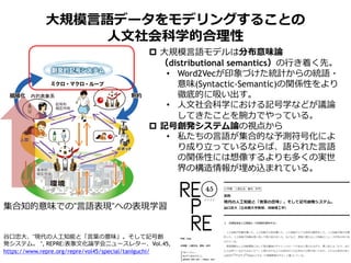 大規模言語データをモデリングすることの
人文社会科学的合理性
集合知的意味での"言語表現"への表現学習
 大規模言語モデルは分布意味論
（distributional semantics）の行き着く先。
• Word2Vecが印象づけた統計からの統語・
意味(Syntactic-Semantic)の関係性をより
徹底的に吸い出す。
• 人文社会科学における記号学などが議論
してきたことを腕力でやっている。
 記号創発システム論の視点から
• 私たちの言語が集合的な予測符号化によ
り成り立っているならば、語られた言語
の関係性には想像するよりも多くの実世
界の構造情報が埋め込まれている。
谷口忠大、"現代の人工知能と「言葉の意味」。そして記号創
発システム。 ", REPRE:表象文化論学会ニュースレター、Vol.45,
https://www.repre.org/repre/vol45/special/taniguchi/
 