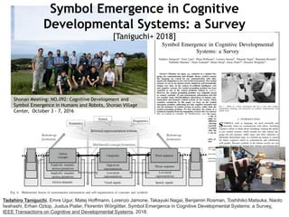 Symbol Emergence in Cognitive
Developmental Systems: a Survey
[Taniguchi+ 2018]
Tadahiro Taniguchi, Emre Ugur, Matej Hoffmann, Lorenzo Jamone, Takayuki Nagai, Benjamin Rosman, Toshihiko Matsuka, Naoto
Iwahashi, Erhan Oztop, Justus Piater, Florentin Wörgötter, Symbol Emergence in Cognitive Developmental Systems: a Survey,
IEEE Transactions on Cognitive and Developmental Systems, 2018.
Shonan Meeting: NO.092: Cognitive Development and
Symbol Emergence in Humans and Robots, Shonan Village
Center, October 3 - 7, 2016
 