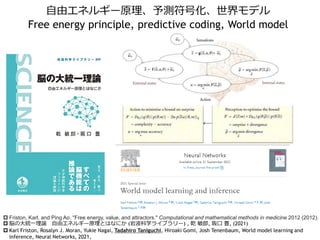  Friston, Karl, and Ping Ao. "Free energy, value, and attractors." Computational and mathematical methods in medicine 2012 (2012).
 脳の大統一理論 自由エネルギー原理とはなにか (岩波科学ライブラリー) , 乾 敏郎, 阪口 豊, (2021)
 Karl Friston, Rosalyn J. Moran, Yukie Nagai, Tadahiro Taniguchi, Hiroaki Gomi, Josh Tenenbaum, World model learning and
inference, Neural Networks, 2021,
自由エネルギー原理、予測符号化、世界モデル
Free energy principle, predictive coding, World model
 