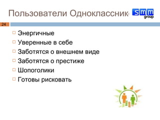 Пользователи Одноклассников Энергичные  Уверенные в себе Заботятся о внешнем виде Заботятся о престиже Шопоголики  Готовы рисковать 