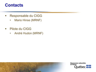 Contacts

  Responsable du CIGG
  •    Mario Hinse (MRNF)

  Pilote du CIGG
  •    André Hudon (MRNF)




      14
 