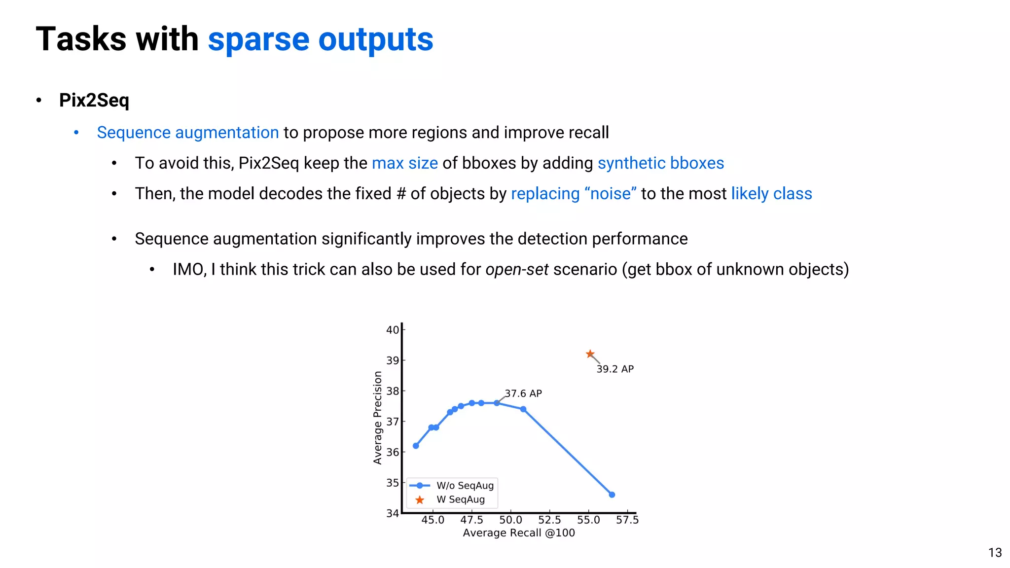 • Pix2Seq
• Sequence augmentation to propose more regions and improve recall
• To avoid this, Pix2Seq keep the max size of bboxes by adding synthetic bboxes
• Then, the model decodes the fixed # of objects by replacing “noise” to the most likely class
• Sequence augmentation significantly improves the detection performance
• IMO, I think this trick can also be used for open-set scenario (get bbox of unknown objects)
Tasks with sparse outputs
13
 