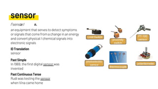 sensor
In 1969, the first digital sensor was
invented
sensor
Rudi was testing the sensor
when Vina came home
Past Simple
ID Translation
Past Continuous Tense
/ˈsensər/ n.
an equipment that serves to detect symptoms
or signals that come from a change in an energy
and convert physical / chemical signals into
electronic signals
 