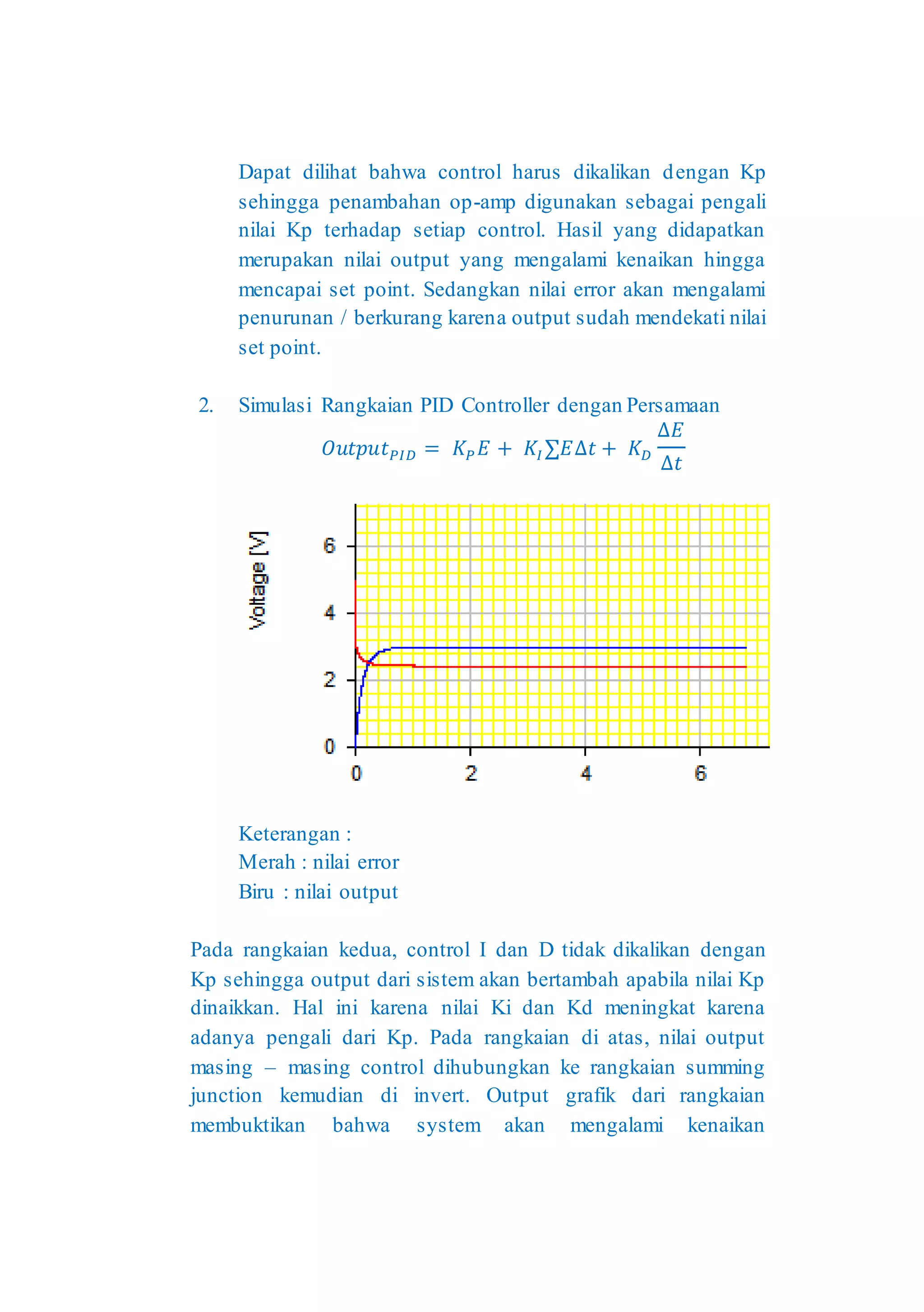 Dapat dilihat bahwa control harus dikalikan dengan Kp
sehingga penambahan op-amp digunakan sebagai pengali
nilai Kp terhadap setiap control. Hasil yang didapatkan
merupakan nilai output yang mengalami kenaikan hingga
mencapai set point. Sedangkan nilai error akan mengalami
penurunan / berkurang karena output sudah mendekati nilai
set point.
2. Simulasi Rangkaian PID Controller dengan Persamaan
𝑂𝑢𝑡𝑝𝑢𝑡𝑃𝐼𝐷 = 𝐾𝑃𝐸 + 𝐾𝐼 ∑𝐸∆𝑡 + 𝐾𝐷
∆𝐸
∆𝑡
Keterangan :
Merah : nilai error
Biru : nilai output
Pada rangkaian kedua, control I dan D tidak dikalikan dengan
Kp sehingga output dari sistem akan bertambah apabila nilai Kp
dinaikkan. Hal ini karena nilai Ki dan Kd meningkat karena
adanya pengali dari Kp. Pada rangkaian di atas, nilai output
masing – masing control dihubungkan ke rangkaian summing
junction kemudian di invert. Output grafik dari rangkaian
membuktikan bahwa system akan mengalami kenaikan
 