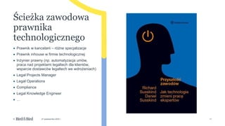 11
© 27 października 2022 r.
• Prawnik w kancelarii – różne specjalizacje
• Prawnik inhouse w firmie technologicznej
• Inżynier prawny (np. automatyzacja umów,
praca nad projektami legaltech dla klientów,
wsparcie dostawców legaltech we wdrożeniach)
• Legal Projects Manager
• Legal Operations
• Compliance
• Legal Knowledge Engineer
• …
Ścieżka zawodowa
prawnika
technologicznego
 