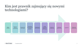 3
© 27 października 2022 r.
Media
cyfrowe
Platformy
cyfrowe i
e-commerce
Umowy dot.
technologii
Doradztwo
dla startupów
technolo-
gicznych
Digitalizacja
administracji
Usługi
finansowe
oparte na
technologii
Sztuczna
inteligencja
Cyberbez-
pieczeństwo
LegalTech
Własność
intelektualna
Kim jest prawnik zajmujący się nowymi
technologiami?
 