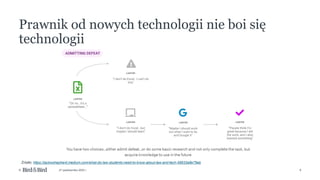 8
© 27 października 2022 r.
Prawnik od nowych technologii nie boi się
technologii
Źródło: https://jackwshepherd.medium.com/what-do-law-students-need-to-know-about-law-and-tech-59933a8e79ab
 