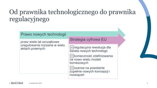 9
© 27 października 2022 r.
Prawo nowych technologii
przez wiele lat szczątkowe
uregulowania rozsiane w wielu
aktach prawnych
Strategia cyfrowa EU
🆕regulacyjna rewolucja dla
świata nowych technologii
🆕konieczność zdefiniowania
na nowo wielu modeli
biznesowych
🆕szansa na powstanie
zupełnie nowych koncepcji i
rozwiązań
Od prawnika technologicznego do prawnika
regulacyjnego
 