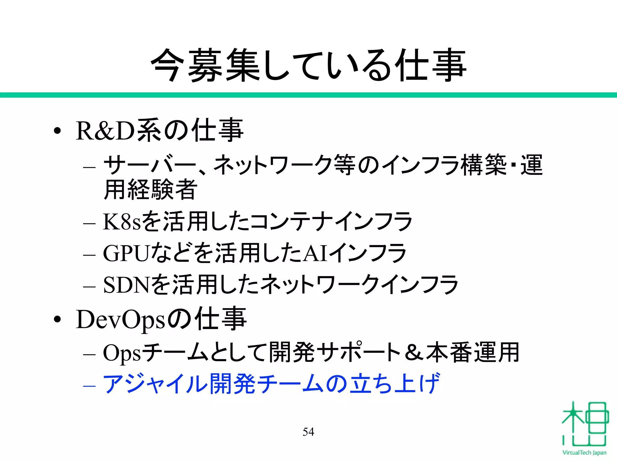 今募集している仕事
• R&D系の仕事
– サーバー、ネットワーク等のインフラ構築・運
用経験者
– K8sを活用したコンテナインフラ
– GPUなどを活用したAIインフラ
– SDNを活用したネットワークインフラ
• DevOpsの仕事
– Opsチームとして開発サポート＆本番運用
– アジャイル開発チームの立ち上げ
54
 