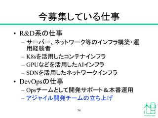 今募集している仕事
• R&D系の仕事
– サーバー、ネットワーク等のインフラ構築・運
用経験者
– K8sを活用したコンテナインフラ
– GPUなどを活用したAIインフラ
– SDNを活用したネットワークインフラ
• DevOpsの仕事
– Opsチームとして開発サポート＆本番運用
– アジャイル開発チームの立ち上げ
54
 