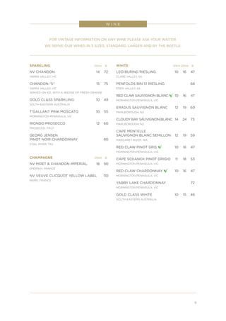 9
W I N E
SPARKLING 	 	125ml	B
NV CHANDON		 14	 72
YARRA VALLEY, VIC
CHANDON “S”		 15	 75
YARRA VALLEY, VIC
SERVED ON ICE, WITH A WEDGE OF FRESH ORANGE
GOLD CLASS SPARKLING		 10	 49
SOUTH EASTERN AUSTRALIA
T’GALLANT PINK MOSCATO		 10	 55
MORNINGTON PENINSULA, VIC
RIONDO PROSECCO		 12	 60
PROSECCO, ITALY
GEORG JENSEN
PINOT NOIR CHARDONNAY			 80
COAL RIVER, TAS
CHAMPAGNE	 	125ml	B
NV MOET & CHANDON IMPERIAL		 18	 90
EPERNAY, FRANCE
NV VEUVE CLICQUOT YELLOW LABEL		 110
REIMS, FRANCE
WHITE 	 125ml	225ml	 B
LEO BURING RIESLING	 10	 16	 47
CLARE VALLEY, SA
PENFOLDS BIN 51 RIESLING			 68
EDEN VALLEY, SA
RED CLAW SAUVIGNON BLANC 	10	 16	 47
MORNINGTON PENINSULA, VIC
ERADUS SAUVIGNON BLANC	 12	 19	 60
MARLBOROUGH, NZ
CLOUDY BAY SAUVIGNON BLANC 	14	 24	 73
MARLBOROUGH, NZ
CAPE MENTELLE
SAUVIGNON BLANC SEMILLON	 12	 19	 59
MARGARET RIVER, WA
RED CLAW PINOT GRIS 	 10	16	47
MORNINGTON PENINSULA, VIC
CAPE SCHANCK PINOT GRIGIO	 11	 18	 53
MORNINGTON PENINSULA, VIC
RED CLAW CHARDONNAY 	 10	16	47
MORNINGTON PENINSULA, VIC
YABBY LAKE CHARDONNAY			 72
MORNINGTON PENINSULA, VIC
GOLD CLASS WHITE	 10	 15	 46
SOUTH EASTERN AUSTRALIA
FOR VINTAGE INFORMATION ON ANY WINE PLEASE ASK YOUR WAITER.
WE SERVE OUR WINES IN 3 SIZES, STANDARD, LARGER AND BY THE BOTTLE.
 