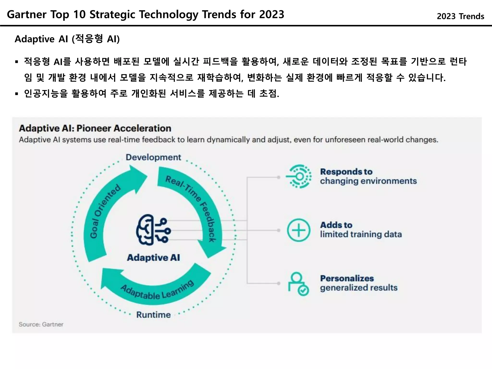 Gartner Top 10 Strategic Technology Trends for 2023
Adaptive AI (적응형 AI)
 적응형 AI를 사용하면 배포된 모델에 실시간 피드백을 활용하여, 새로운 데이터와 조정된 목표를 기반으로 런타
임 및 개발 환경 내에서 모델을 지속적으로 재학습하여, 변화하는 실제 환경에 빠르게 적응할 수 있습니다.
 인공지능을 활용하여 주로 개인화된 서비스를 제공하는 데 초점.
2023 Trends
 