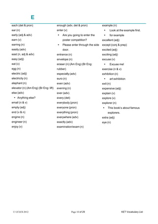 © UCLES 2012 Page 10 of 29 KET Vocabulary List
E
each (det & pron)
ear (n)
early (adj & adv)
earn (v)
earring (n)
easily (adv)
east (n, adj & adv)
easy (adj)
eat (v)
egg (n)
electric (adj)
electricity (n)
elephant (n)
elevator (n) (Am Eng) (Br Eng: lift)
else (adv)
• Anything else?
email (n & v)
empty (adj)
end (v & n)
engine (n)
engineer (n)
enjoy (v)
enough (adv, det & pron)
enter (v)
• Are you going to enter the
poster competition?
• Please enter through the side
door.
entrance (n)
envelope (n)
eraser (n) (Am Eng) (Br Eng:
rubber)
especially (adv)
euro (n)
even (adv)
evening (n)
ever (adv)
every (det)
everybody (pron)
everyone (pron)
everything (pron)
everywhere (adv)
exactly (adv)
examination/exam (n)
example (n)
• Look at the example first.
• for example
excellent (adj)
except (conj & prep)
excited (adj)
exciting (adj)
excuse (v)
• Excuse me!
exercise (n & v)
exhibition (n)
• art exhibition
exit (n)
expensive (adj)
explain (v)
explore (v)
explorer (n)
• This book’s about famous
explorers.
extra (adj)
eye (n)
 
