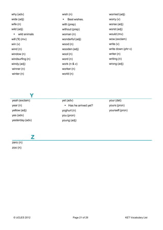 © UCLES 2012 Page 21 of 29 KET Vocabulary List
why (adv)
wide (adj)
wife (n)
wild (adj)
• wild animals
will ('ll) (mv)
win (v)
wind (n)
window (n)
windsurfing (n)
windy (adj)
winner (n)
winter (n)
wish (n)
• Best wishes.
with (prep)
without (prep)
woman (n)
wonderful (adj)
wood (n)
wooden (adj)
wool (n)
word (n)
work (n & v)
worker (n)
world (n)
worried (adj)
worry (v)
worse (adj)
worst (adj)
would (mv)
wow (exclam)
write (v)
write down (phr v)
writer (n)
writing (n)
wrong (adj)
Y
yeah (exclam)
year (n)
yellow (adj)
yes (adv)
yesterday (adv)
yet (adv)
• Has he arrived yet?
yoghurt (n)
you (pron)
young (adj)
your (det)
yours (pron)
yourself (pron)
Z
zero (n)
zoo (n)
 
