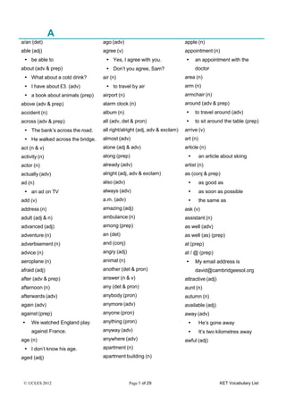 © UCLES 2012 Page 5 of 29 KET Vocabulary List
A
a/an (det)
able (adj)
• be able to
about (adv & prep)
• What about a cold drink?
• I have about £3. (adv)
• a book about animals (prep)
above (adv & prep)
accident (n)
across (adv & prep)
• The bank’s across the road.
• He walked across the bridge.
act (n & v)
activity (n)
actor (n)
actually (adv)
ad (n)
• an ad on TV
add (v)
address (n)
adult (adj & n)
advanced (adj)
adventure (n)
advertisement (n)
advice (n)
aeroplane (n)
afraid (adj)
after (adv & prep)
afternoon (n)
afterwards (adv)
again (adv)
against (prep)
• We watched England play
against France.
age (n)
• I don’t know his age.
aged (adj)
ago (adv)
agree (v)
• Yes, I agree with you.
• Don’t you agree, Sam?
air (n)
• to travel by air
airport (n)
alarm clock (n)
album (n)
all (adv, det & pron)
all right/alright (adj, adv & exclam)
almost (adv)
alone (adj & adv)
along (prep)
already (adv)
alright (adj, adv & exclam)
also (adv)
always (adv)
a.m. (adv)
amazing (adj)
ambulance (n)
among (prep)
an (det)
and (conj)
angry (adj)
animal (n)
another (det & pron)
answer (n & v)
any (det & pron)
anybody (pron)
anymore (adv)
anyone (pron)
anything (pron)
anyway (adv)
anywhere (adv)
apartment (n)
apartment building (n)
apple (n)
appointment (n)
• an appointment with the
doctor
area (n)
arm (n)
armchair (n)
around (adv & prep)
• to travel around (adv)
• to sit around the table (prep)
arrive (v)
art (n)
article (n)
• an article about skiing
artist (n)
as (conj & prep)
• as good as
• as soon as possible
• the same as
ask (v)
assistant (n)
as well (adv)
as well (as) (prep)
at (prep)
at / @ (prep)
• My email address is
david@cambridgeesol.org
attractive (adj)
aunt (n)
autumn (n)
available (adj)
away (adv)
• He’s gone away
• It’s two kilometres away
awful (adj)
 
