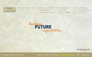 © Strategist HR Advisory Services, LLP. Advisory :: Research :: Technology :: Learning & Leadership :: HRO :: Psychometrics
Learning & Aligning L&D Strategy to Business Competency Frameworks
Talent Identiﬁcation
Learning Needs Assessment
Learning Organization
Content Design
Leadership Accelerator
Coaching and Mentoring
Customized Training Programs
Life Sciences PracticeLeadership
Future
building
capabilities
.in
 