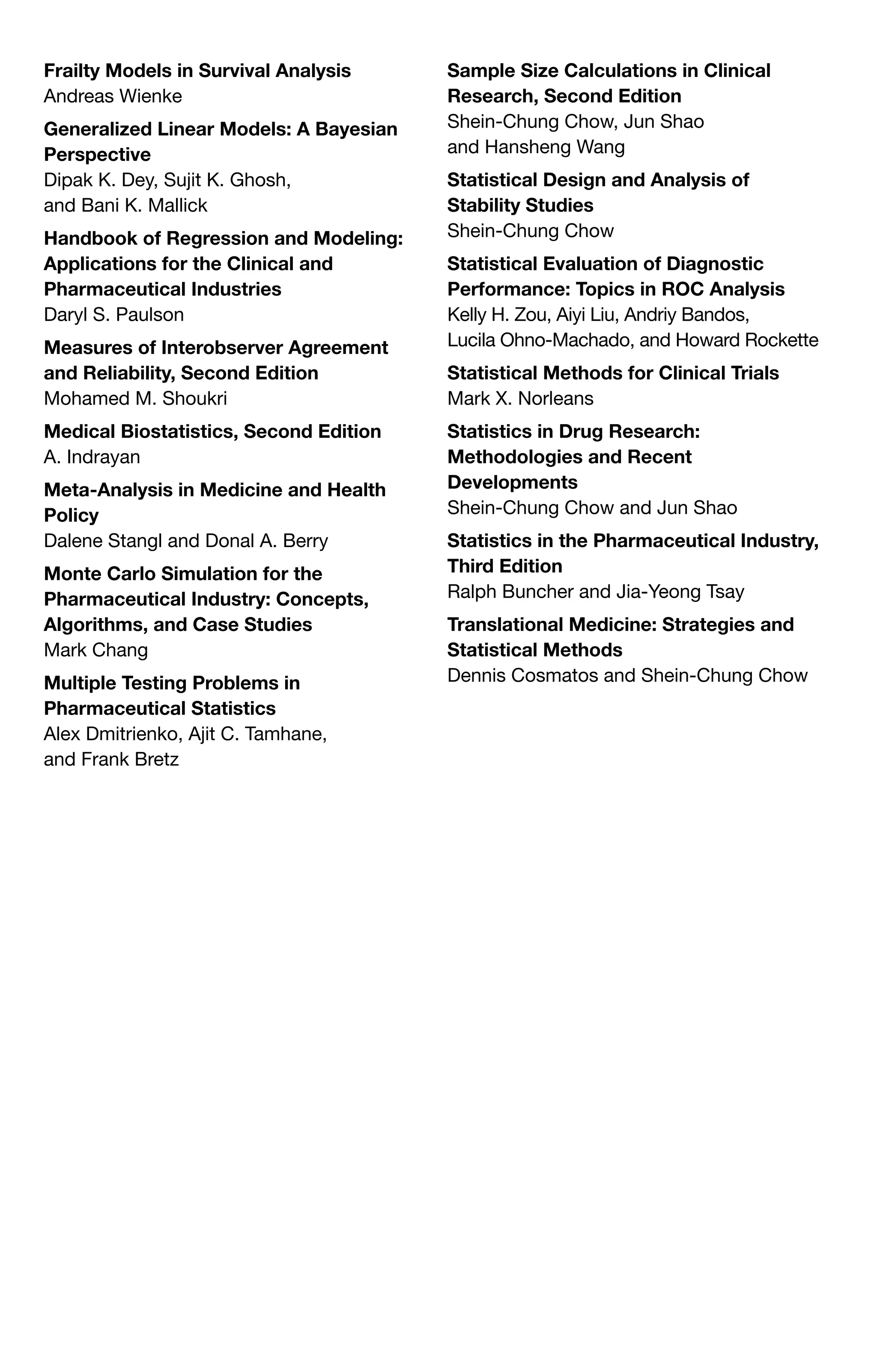 Frailty Models in Survival Analysis
Andreas Wienke
Generalized Linear Models: A Bayesian
Perspective
Dipak K. Dey, Sujit K. Ghosh,
and Bani K. Mallick
Handbook of Regression and Modeling:
Applications for the Clinical and
Pharmaceutical Industries
Daryl S. Paulson
Measures of Interobserver Agreement
and Reliability, Second Edition
Mohamed M. Shoukri
Medical Biostatistics, Second Edition
A. Indrayan
Meta-Analysis in Medicine and Health
Policy
Dalene Stangl and Donal A. Berry
Monte Carlo Simulation for the
Pharmaceutical Industry: Concepts,
Algorithms, and Case Studies
Mark Chang
Multiple Testing Problems in
Pharmaceutical Statistics
Alex Dmitrienko, Ajit C. Tamhane,
and Frank Bretz
Sample Size Calculations in Clinical
Research, Second Edition
Shein-Chung Chow, Jun Shao
and Hansheng Wang
Statistical Design and Analysis of
Stability Studies
Shein-Chung Chow
Statistical Evaluation of Diagnostic
Performance: Topics in ROC Analysis
Kelly H. Zou, Aiyi Liu, Andriy Bandos,
Lucila Ohno-Machado, and Howard Rockette
Statistical Methods for Clinical Trials
Mark X. Norleans
Statistics in Drug Research:
Methodologies and Recent
Developments
Shein-Chung Chow and Jun Shao
Statistics in the Pharmaceutical Industry,
Third Edition
Ralph Buncher and Jia-Yeong Tsay
Translational Medicine: Strategies and
Statistical Methods
Dennis Cosmatos and Shein-Chung Chow
 