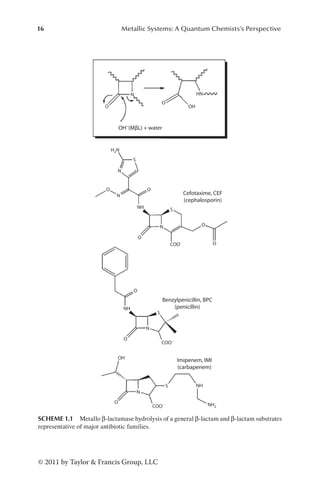 16 Metallic Systems: A Quantum Chemists’s Perspective
© 2011 by Taylor  Francis Group, LLC
O
O O
O
O
O
COO–
COO–
COO–
O
O
O
S
S
S
S
O
OH
OH–
(MβL) + water
Cefotaxime, CEF
(cephalosporin)
Benzylpenicillin, BPC
(penicillin)
Imipenem, IMI
(carbapenem)
HN
H2N
NH2
NH
N
N
N
N
N
N
NH
NH
OH
SCHEME 1.1 Metallo β-lactamase hydrolysis of a general β-lactam and β-lactam substrates
representative of major antibiotic families.
 