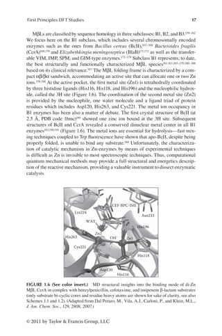 17
First Principles DFT Studies
© 2011 by Taylor  Francis Group, LLC
MβLs are classified by sequence homology in three subclasses: B1, B2, and B3.159–162
We focus here on the B1 subclass, which includes several chromosomally encoded
enzymes such as the ones from Bacillus cereus (BcII),163–168 Bacteroides fragilis
(CcrA)169,170 and Elizabethkingia meningoseptica (BlaB)171,172 as well as the transfer-
able VIM, IMP, SPM, and GIM-type enzymes.173–179 Subclass B1 represents, to date,
the best structurally and functionally characterized MβL species161,163,165–170,180–186
based on its clinical relevance.187 The MβL folding frame is characterized by a com-
pact αβ/βα sandwich, accommodating an active site that can allocate one or two Zn
ions.158,188 At the active pocket, the first metal site (Zn1) is tetrahedrally coordinated
by three histidine ligands (His116, His118, and His196) and the nucleophilic hydrox-
ide, called the 3H site (Figure 1.6). The coordination of the second metal site (Zn2)
is provided by the nucleophile, one water molecule and a ligand triad of protein
residues which includes Asp120, His263, and Cys221. The metal ion occupancy in
B1 enzymes has been also a matter of debate. The first crystal structure of BcII (at
2.5 Å, PDB code 1bmc)189 showed one zinc ion bound at the 3H site. Subsequent
structures of BcII and CcrA revealed a conserved dinuclear metal center in all B1
enzymes163,190,191 (Figure 1.6). The metal ions are essential for hydrolysis—fast mix-
ing techniques coupled to Trp fluorescence have shown that apo-BcII, despite being
properly folded, is unable to bind any substrate.168 Unfortunately, the characteriza-
tion of catalytic mechanism in Zn-enzymes by means of experimental techniques
is difficult as Zn is invisible to most spectroscopic techniques. Thus, computational
quantum mechanical methods may provide a full structural and energetics descrip-
tion of the reactive mechanism, providing a valuable instrument to dissect enzymatic
catalysis.
Lys224
WAT
CEF-BPC-IMI
Asn233
His196
His118
His116
Asp120
Cys221
His263 Zn1
Zn2
OH–
FIGURE 1.6 (See color insert.) MD structural insights into the binding mode of di-Zn
MβL CcrA in complex with benzylpenicillin, cefotaxime, and imipenem β-lactam substrates
(only substrate bi-cyclic cores and residue heavy atoms are shown for sake of clarity, see also
Schemes 1.1 and 1.2). (Adapted from Dal Peraro, M., Vila, A.J., Carloni, P., and Klein, M.L.,
J. Am. Chem. Soc., 129, 2808, 2007.)
 