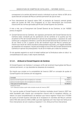 SINDICATURA DE COMPTES DE CATALUNYA — INFORME 22/2010


   corresponent a la cambra del domicili social o individual no pot ser inferior al 30% de la
   quota total del concepte del Recurs cameral permanent de què es tracti.

• Fons intercameral de l’exacció sobre l’IAE: el producte de l’exacció cameral girada
   sobre les quotes de l’IAE s’ha d’ingressar en un fons intercameral que funcionarà
   d’acord amb les normes aprovades pel Ple del Consell Superior de Cambres.

A més a més, per al finançament del Consell General de les Cambres, la Llei 14/2002
preveu el següent:

• Consell General de les Cambres: els ingressos permanents del Consell General de les
   Cambres estan constituïts per les aportacions de les cambres en la quantia que fixa
   anualment el Ple del Consell General en aprovar els pressupostos. L’aportació de cada
   cambra per a despeses ordinàries o corrents del Consell General de les Cambres no ha
   de ser inferior al 3% ni superior al 6% del rendiment líquid del Recurs cameral per-
   manent que resulti de l’última liquidació pressupostària aprovada, una vegada deduïdes
   les despeses de recaptació. Aquest percentatge el fixa el Ple del Consell General de les
   Cambres en aprovar els pressupostos i ha de ser el mateix per a totes les cambres.

En els apartats següents es recull el treball realitzat per la Sindicatura sobre el càlcul i la
comptabilització de cada un dels imports distribuïts.



2.1.3.1.     Atribució al Consell Superior de Cambres

Al Consell Superior de Cambres li correspon el 6% del rendiment líquid global del Recurs
cameral permanent, un cop deduïdes les despeses de recaptació.

Els imports que consten en la comptabilitat de l’exercici 2007 en concepte de quotes al
Consell Superior de Cambres són els següents:

 Concepte                                                                               Import
 Quota al Consell Superior de la recaptació en voluntària                           125.206,67
 Quota al Consell Superior de la recaptació en executiva                              5.780,29
 Total quota al Consell Superior                                                    130.986,96
 Imports en euros.
 Font: Elaboració pròpia a partir dels comptes anuals de l’exercici 2007.


Tot i que les quotes al Consell Superior de Cambres meritades durant l’exercici 2007 han
estat liquidades pels imports que corresponen d’acord amb la recaptació efectiva, en
relació a la seva comptabilització cal destacar que manca registrar l’import de 4.170,80 €
de quota al Consell Superior derivada de la recaptació en voluntària del Recurs cameral
sobre l’IAE dels exercicis 2003 a 2006, que està registrada com més import de l’atribució al
Fons intercameral, tal com s’explica a l’apartat 2.1.3.3, Atribució al Fons intercameral.


                                                      23
 