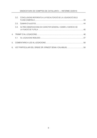 SINDICATURA DE COMPTES DE CATALUNYA — INFORME 22/2010


     3.2.    CONCLUSIONS REFERENTS A LA FISCALITZACIÓ DE LA LIQUIDACIÓ DELS
             PLANS CAMERALS ................................................................................................. 43

     3.3.    SUMARI D’AJUSTOS ............................................................................................... 44
     3.4.    ALTRES OBSERVACIONS DE CARÀCTER GENERAL I SOBRE L’EXERCICI DE
             LA FUNCIÓ DE TUTELA .......................................................................................... 45

4.   TRÀMIT D’AL·LEGACIONS ............................................................................................. 46
     4.1.    AL·LEGACIONS REBUDES ...................................................................................... 47

5.   COMENTARIS A LES AL·LEGACIONS ........................................................................... 58

6.   VOT PARTICULAR DEL SÍNDIC SR. ERNEST SENA I CALABUIG................................. 58




                                                             6
 