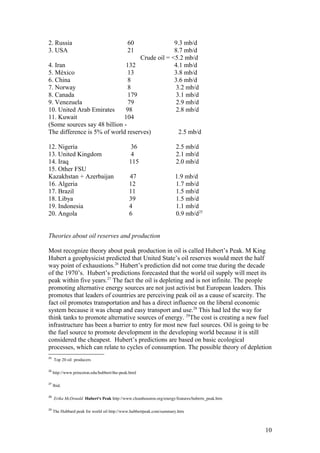 2. Russia 60 9.3 mb/d
3. USA 21 8.7 mb/d
Crude oil = <5.2 mb/d
4. Iran 132 4.1 mb/d
5. México 13 3.8 mb/d
6. China 8 3.6 mb/d
7. Norway 8 3.2 mb/d
8. Canada 179 3.1 mb/d
9. Venezuela 79 2.9 mb/d
10. United Arab Emirates 98 2.8 mb/d
11. Kuwait 104
(Some sources say 48 billion -
The difference is 5% of world reserves) 2.5 mb/d
12. Nigeria 36 2.5 mb/d
13. United Kingdom 4 2.1 mb/d
14. Iraq 115 2.0 mb/d
15. Other FSU
Kazakhstan + Azerbaijan 47 1.9 mb/d
16. Algeria 12 1.7 mb/d
17. Brazil 11 1.5 mb/d
18. Libya 39 1.5 mb/d
19. Indonesia 4 1.1 mb/d
20. Angola 6 0.9 mb/d25
Theories about oil reserves and production
Most recognize theory about peak production in oil is called Hubert’s Peak. M King
Hubert a geophysicist predicted that United State’s oil reserves would meet the half
way point of exhaustions.26
Hubert’s prediction did not come true during the decade
of the 1970’s. Hubert’s predictions forecasted that the world oil supply will meet its
peak within five years.27
The fact the oil is depleting and is not infinite. The people
promoting alternative energy sources are not just activist but European leaders. This
promotes that leaders of countries are perceiving peak oil as a cause of scarcity. The
fact oil promotes transportation and has a direct influence on the liberal economic
system because it was cheap and easy transport and use.28
This had led the way for
think tanks to promote alternative sources of energy. 29
The cost is creating a new fuel
infrastructure has been a barrier to entry for most new fuel sources. Oil is going to be
the fuel source to promote development in the developing world because it is still
considered the cheapest. Hubert’s predictions are based on basic ecological
processes, which can relate to cycles of consumption. The possible theory of depletion
25
Top 20 oil producers
26
http://www.princeton.edu/hubbert/the-peak.html
27
Ibid.
28
Erika McDonald Hubert's Peak http://www.cleanhouston.org/energy/features/huberts_peak.htm
29
The Hubbard peak for world oil http://www.hubbertpeak.com/summary.htm
10
 