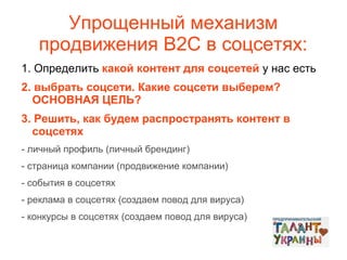 Упрощенный механизм
продвижения В2С в соцсетях:
1. Определить какой контент для соцсетей у нас есть
2. выбрать соцсети. Какие соцсети выберем?
ОСНОВНАЯ ЦЕЛЬ?
3. Решить, как будем распространять контент в
соцсетях
- личный профиль (личный брендинг)
- страница компании (продвижение компании)
- события в соцсетях
- реклама в соцсетях (создаем повод для вируса)
- конкурсы в соцсетях (создаем повод для вируса)

 