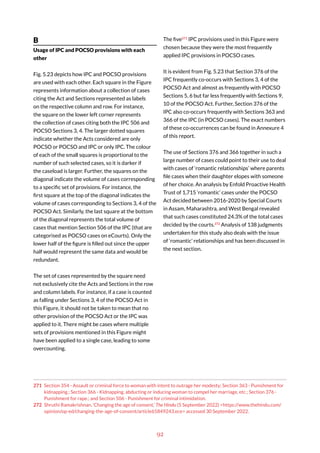 92
B
Usage of IPC and POCSO provisions with each
other
Fig. 5.23 depicts how IPC and POCSO provisions
are used with each other. Each square in the Figure
represents information about a collection of cases
citing the Act and Sections represented as labels
on the respective column and row. For instance,
the square on the lower left corner represents
the collection of cases citing both the IPC 506 and
POCSO Sections 3, 4. The larger dotted squares
indicate whether the Acts considered are only
POCSO or POCSO and IPC or only IPC. The colour
of each of the small squares is proportional to the
number of such selected cases, so it is darker if
the caseload is larger. Further, the squares on the
diagonal indicate the volume of cases corresponding
to a specific set of provisions. For instance, the
first square at the top of the diagonal indicates the
volume of cases corresponding to Sections 3, 4 of the
POCSO Act. Similarly, the last square at the bottom
of the diagonal represents the total volume of
cases that mention Section 506 of the IPC (that are
categorised as POCSO cases on eCourts). Only the
lower half of the figure is filled out since the upper
half would represent the same data and would be
redundant.
The set of cases represented by the square need
not exclusively cite the Acts and Sections in the row
and column labels. For instance, if a case is counted
as falling under Sections 3, 4 of the POCSO Act in
this Figure, it should not be taken to mean that no
other provision of the POCSO Act or the IPC was
applied to it. There might be cases where multiple
sets of provisions mentioned in this Figure might
have been applied to a single case, leading to some
overcounting.
271 Section 354 - Assault or criminal force to woman with intent to outrage her modesty; Section 363 - Punishment for
kidnapping.; Section 366 - Kidnapping, abducting or inducing woman to compel her marriage, etc.; Section 376 -
Punishment for rape.; and Section 506 - Punishment for criminal intimidation.
272 Shruthi Ramakrishnan, ‘Changing the age of consent,’ The Hindu (5 September 2022) <https://www.thehindu.com/
opinion/op-ed/changing-the-age-of-consent/article65849243.ece> accessed 30 September 2022.
The five271
IPC provisions used in this Figure were
chosen because they were the most frequently
applied IPC provisions in POCSO cases.
It is evident from Fig. 5.23 that Section 376 of the
IPC frequently co-occurs with Sections 3, 4 of the
POCSO Act and almost as frequently with POCSO
Sections 5, 6 but far less frequently with Sections 9,
10 of the POCSO Act. Further, Section 376 of the
IPC also co-occurs frequently with Sections 363 and
366 of the IPC (in POCSO cases). The exact numbers
of these co-occurrences can be found in Annexure 4
of this report.
The use of Sections 376 and 366 together in such a
large number of cases could point to their use to deal
with cases of ‘romantic relationships’ where parents
file cases when their daughter elopes with someone
of her choice. An analysis by Enfold Proactive Health
Trust of 1,715 ‘romantic’ cases under the POCSO
Act decided between 2016-2020 by Special Courts
in Assam, Maharashtra, and West Bengal revealed
that such cases constituted 24.3% of the total cases
decided by the courts.272
Analysis of 138 judgments
undertaken for this study also deals with the issue
of ‘romantic’ relationships and has been discussed in
the next section.
 